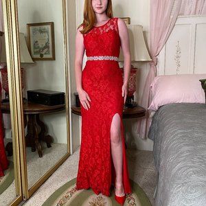 Red Lace Evening Gown with Rhinestone Accent at Waist